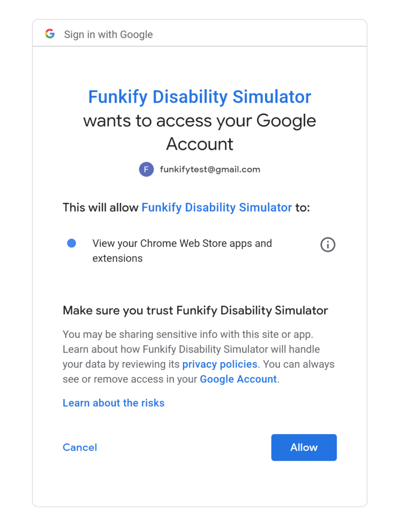 Image depicting how to click "allow" to give Funkify permissions to your Google account.